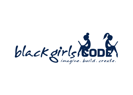 Text that says black girls code. imageine. build. create and silhouettes of two girls on computers