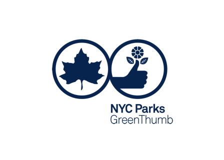 A circle containing a maple leaf, a circle containing a thumbs up and a plant and the text: NYC parks greenthumb