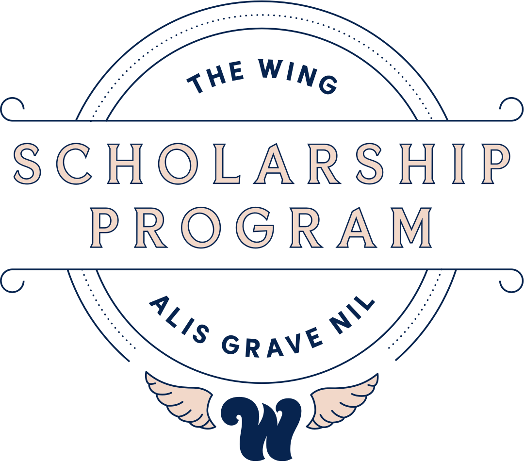 Circular logo with the words The Wing Scholarship Program and alis grave nil.